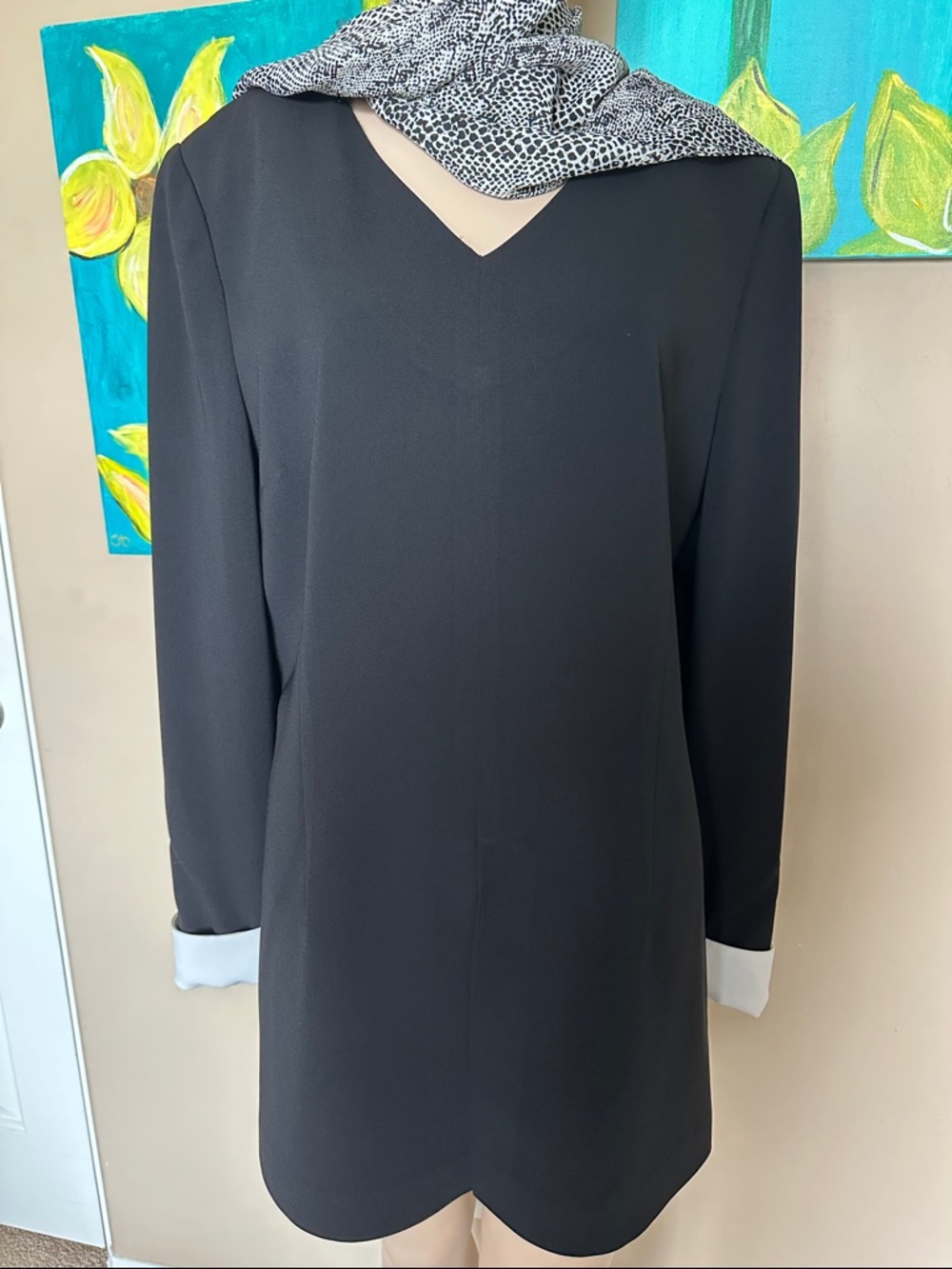 Saks Fifth Avenue Black Long-Sleeve V-Neck blouse with White Cuffs